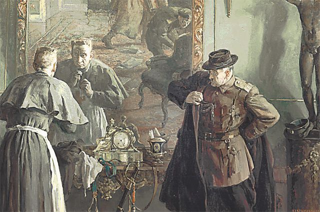 Керенский утверждал, что в женском платье из Зимнего дворца не убегал. Картина Кукрыниксов 