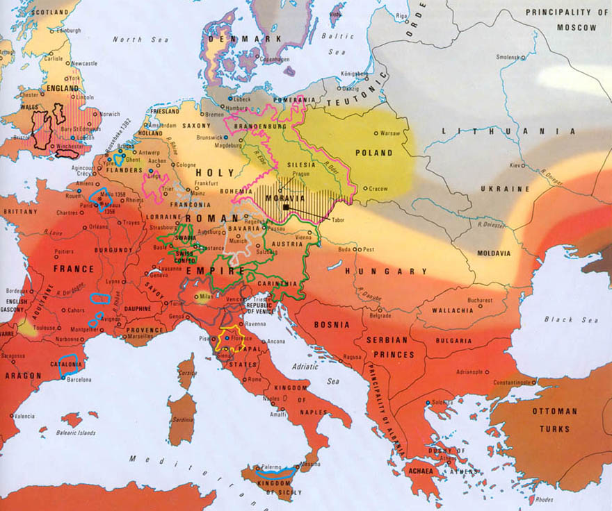 Как распространялась чума в Европе в XIV веке. Красная зона наиболее опасная 