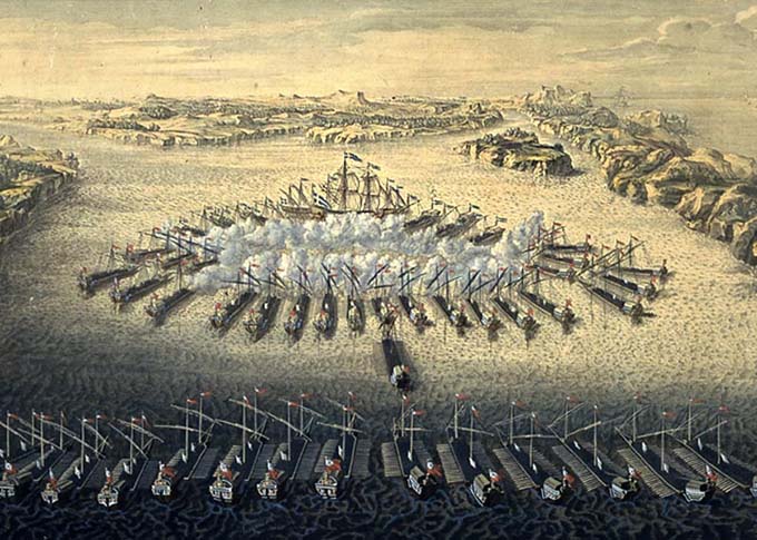 Бой у Мыса Гангут, 1714 год. Как видим, русские боевые галеры устроили шведам Армаггедон. Обратите внимание, что все галеры без парусов